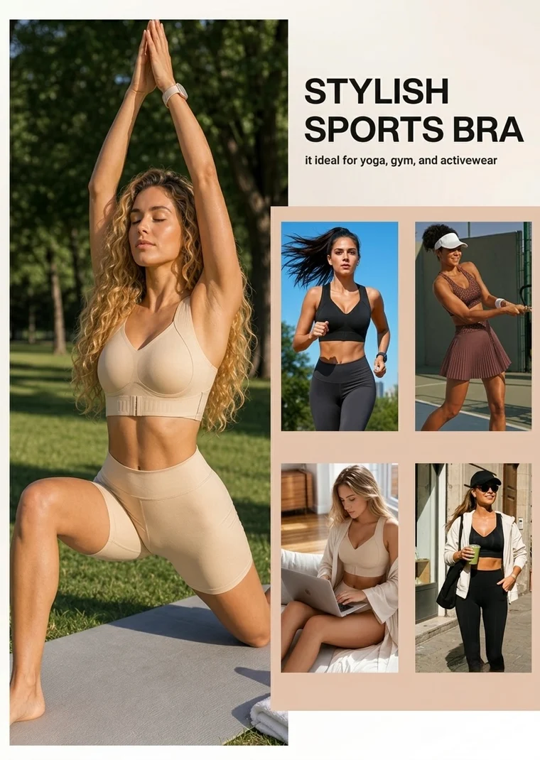 Mulheres usando o sutiã Vareny em yoga, corrida, tênis, em casa e na rua